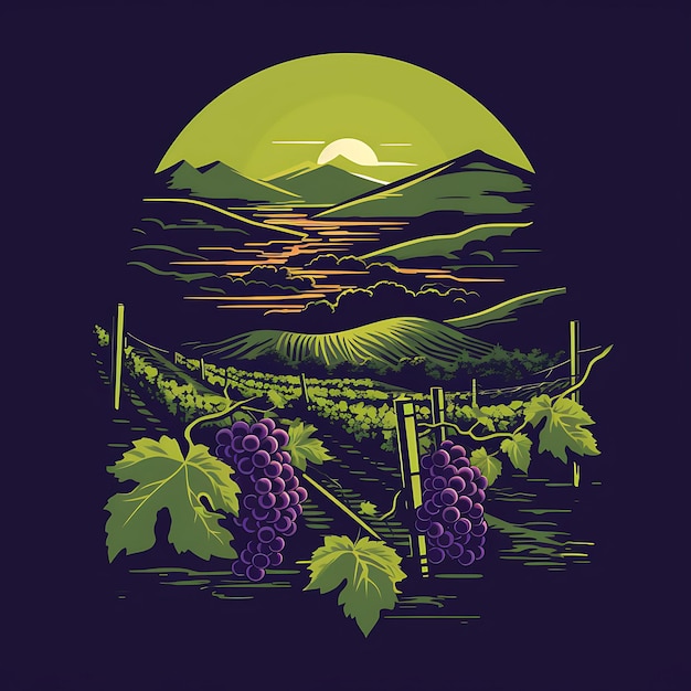 Photo tshirt design of rolling vineyard with a winery grapes vibrant purple and gre 2d flat ink art