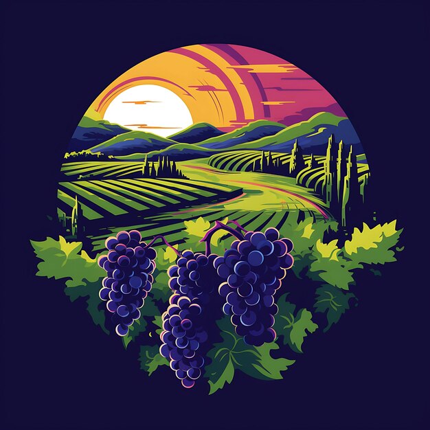 Tshirt Design of Rolling Vineyard With a Winery Grapes Vibrant Purple and Gre 2D Flat Ink Art