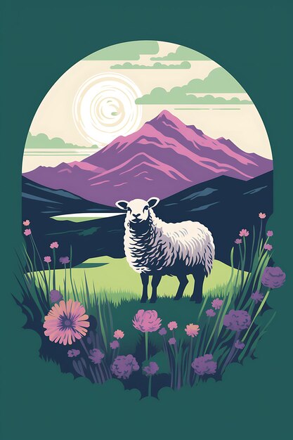 Photo tshirt design of scottish highlands with sheep heather misty purple and green 2d flat ink art