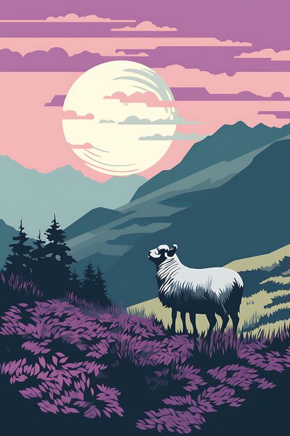 Photo tshirt design of scottish highlands with sheep heather misty purple and green 2d flat ink art