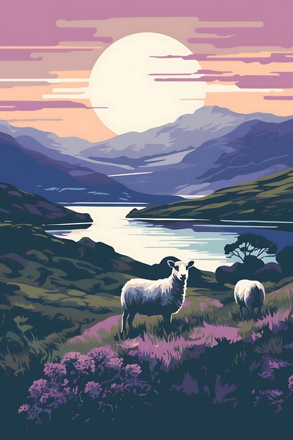 Photo tshirt design of scottish highlands with sheep heather misty purple and green 2d flat ink art