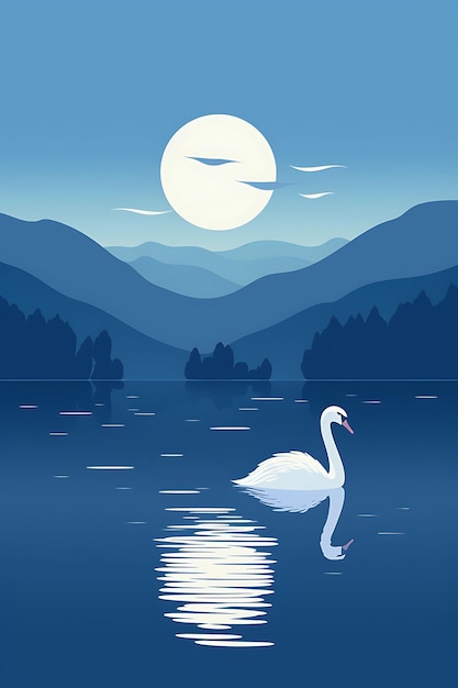 Photo tshirt design of serene lake with a swan soft pastel blue and white color con 2d flat ink art