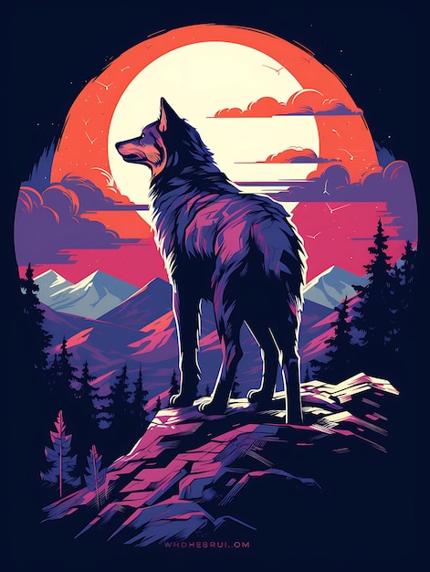 Tshirt design of snow covered mountains with a lone wolf vibrant reds and ora 2d flat ink art