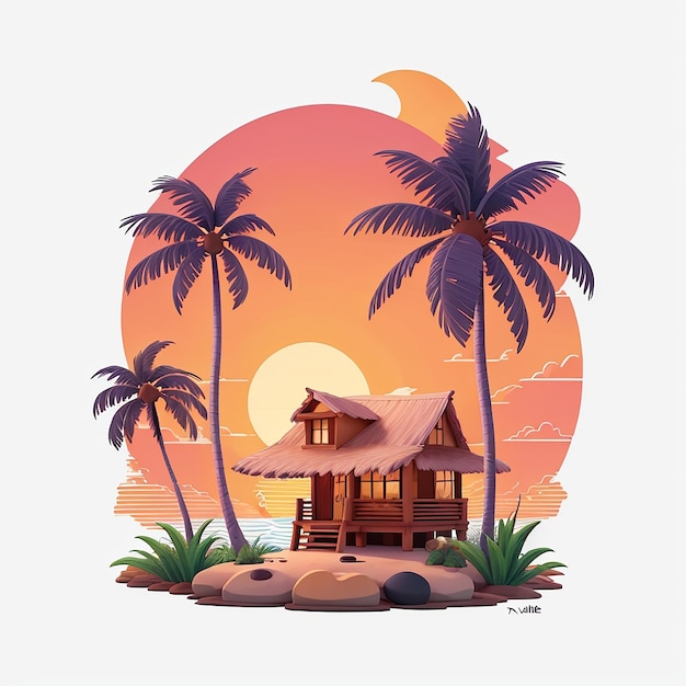 tshirt design sunset house and coconut tree