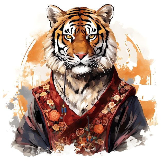 Tshirt Design of Tiger Portrait Wearing Korean Hanbok Regal Pose Bold Red and Art 2D ink Vector