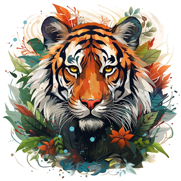 Tshirt Design of Tiger Portrait Wearing a Pha Sin Stalking Pose Vibrant and I Art 2D ink Vector