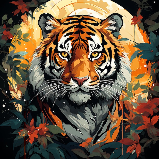 Tshirt Design of Tiger Portrait Wearing a Thai Traditional Robe Fierce Pose v Art 2D ink Vector