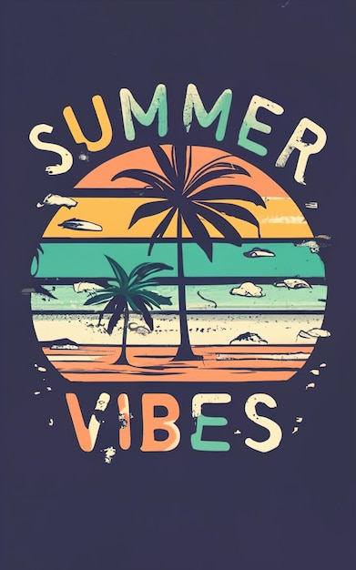 Photo a tshirt design tropical beach an image of distressed retro sunset circular design centered design minimalistic ink drawing style realistic summer vibes