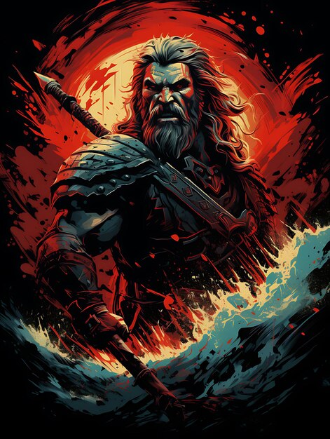 Tshirt Design of Viking Berserker Roaring With a Battle Axe Savage Expression 2D Flat Vector Art