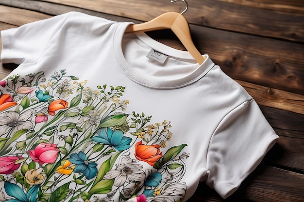 木製の背景に色とりどりの花が描かれたTシャツのデザイン