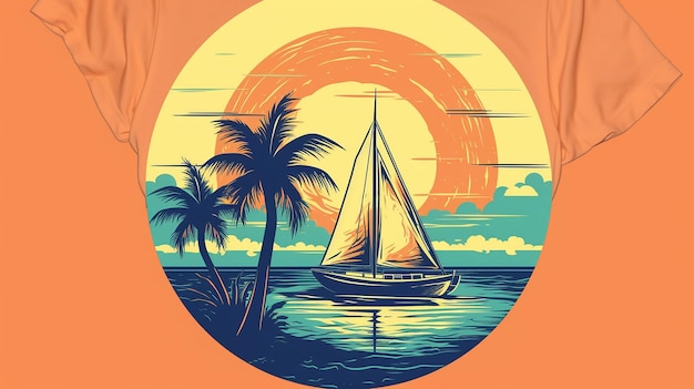 Tshirt graphic with yacht and beach generative AI