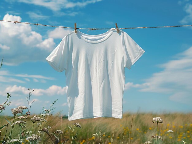 Photo a tshirt hanging on a clothesline against a blue sky background