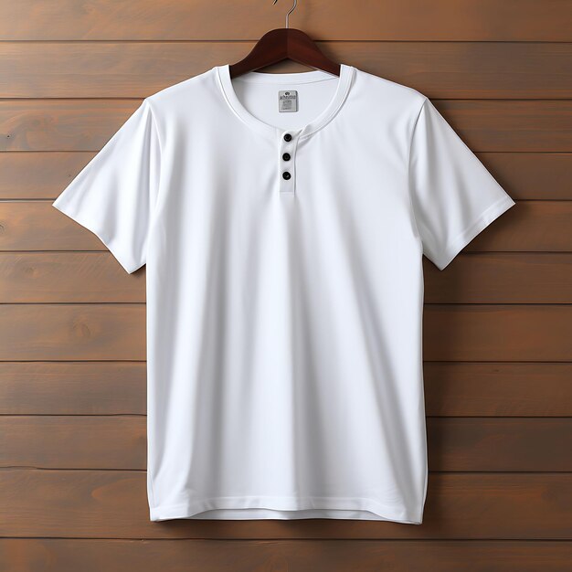 Tshirt of Henley T Shirt Waffle Knit Wore by a Wooden Matte Mannequin White Blank Clean Design