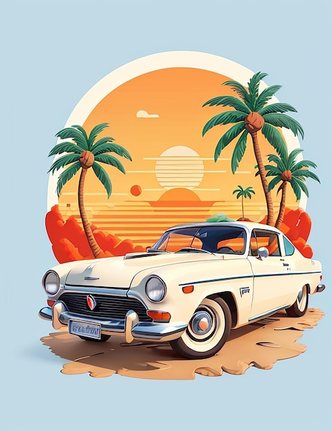 tshirt illustration of a car with trees in the natural background