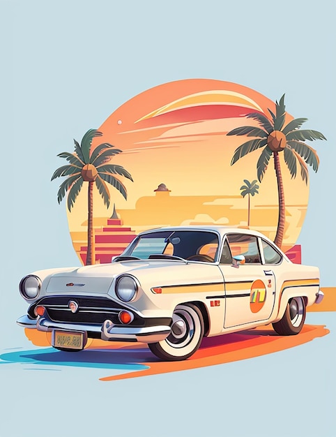 tshirt illustration of a car with trees in the sunset background