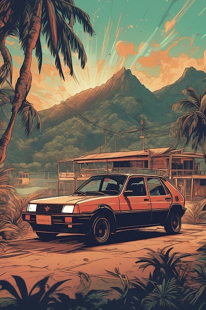 Foto illustrazione di maglietta sunset in coron a reggae vintage peugeot