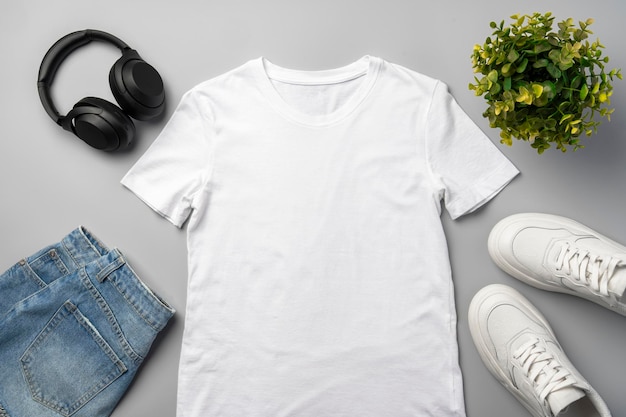 Tshirt jeans and white sneakers on gray background top view