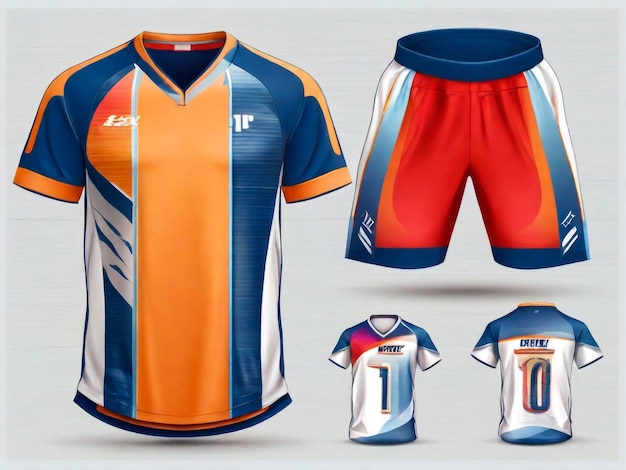 Tシャツのモックアップ 抽象的なストライプラインスポーツジャージデザイン サッカー レーシング スポーツ ランニング 青色 オレンジ色