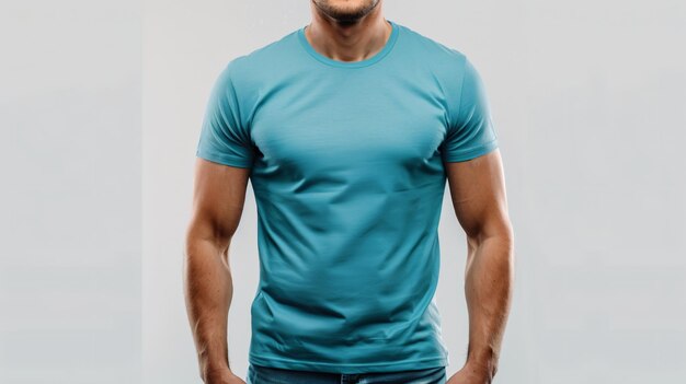 青いTシャツを着たハンサムで筋肉が強い男性のTシャツモックアップ