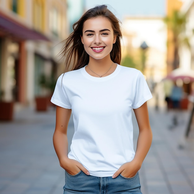 写真 空白のヘザー藤色の t シャツを着て微笑む若い女性の t シャツのモックアップ