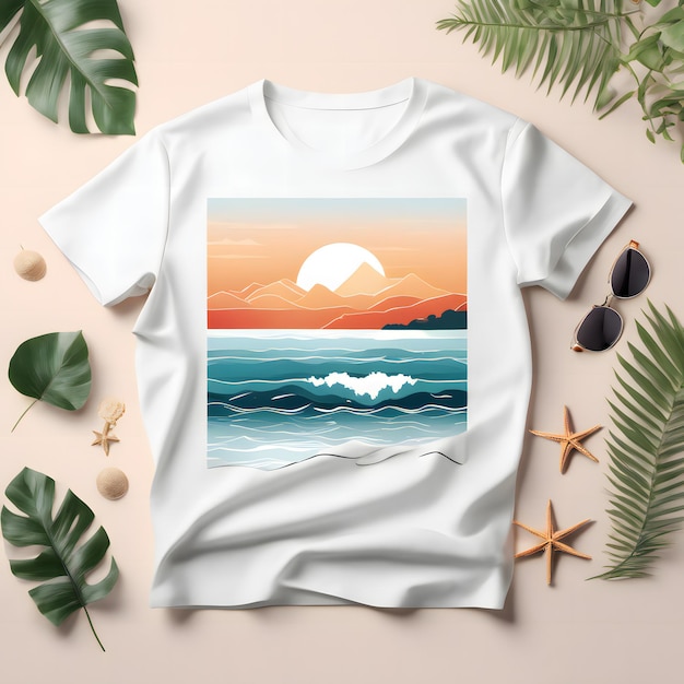Tshirt mockup sjabloon met zomer strand achtergrond