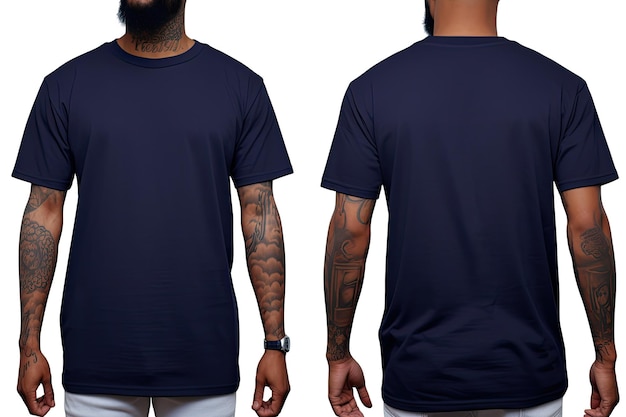 Tshirt mockup template front and back view Black man wearing blank tshirt Male model wearing a dark navy blue color solid tshirt on a White background front view and back view AI Generated