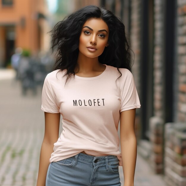 Photo tshirt mockup of young woman smiling wearing a blank heather mauve tshirt