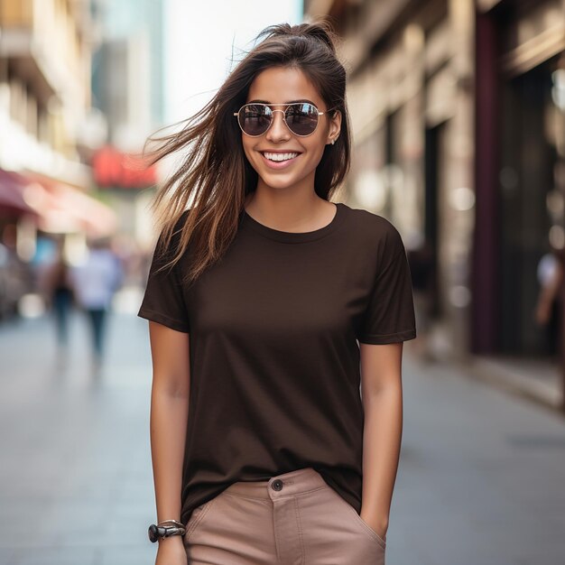 tshirt mockup of young woman smiling wearing a blank heather mauve tshirt