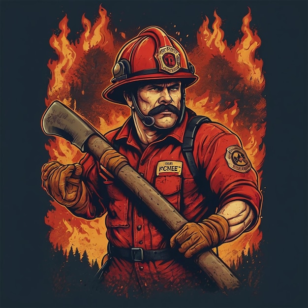 Tshirt or poster design with illustraion of firefighter with axes