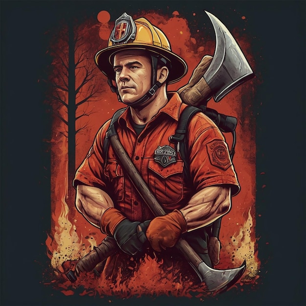 Tshirt or poster design with illustraion of firefighter with axes