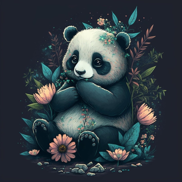 Tshirt print design with a cute panda with tsets