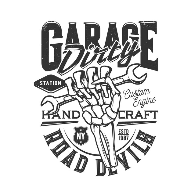 Tshirt print with skeleton hand hold wrench design