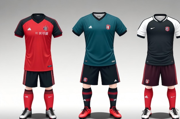 Foto modello di design sportivo di maglia da calcio per l'uniforme della squadra di calcio vista anteriore e posteriore