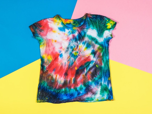 Tshirt in tie dye style on a background of three bright colors Flat lay