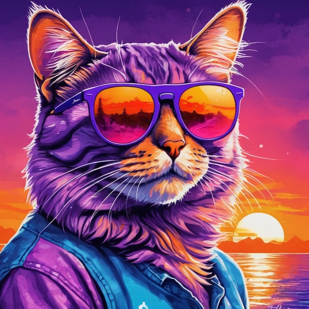 Tshirt vector 80s synthwave high detail purple cat with bright orange sunglasses sunset