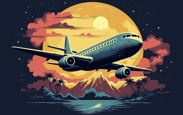 A tshirt with an airplane flying over a mountain range AI