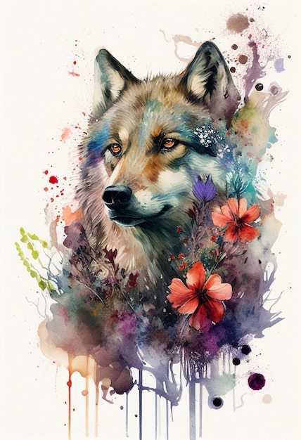 Photo tshirt wolf watercolor flowers