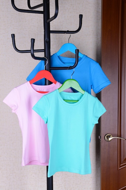 Tshirts hanging on hanger near door