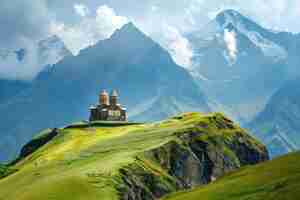 Photo tsminda sameba monastery kazbegi georgia appreciating the view of caucasus mountain chain and