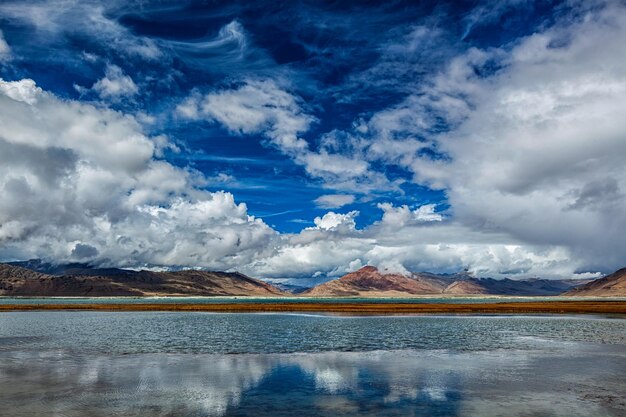 Tso Kar fluctuating salt lake in Himalayas Rapshu Ladakh Jammu and Kashmir India