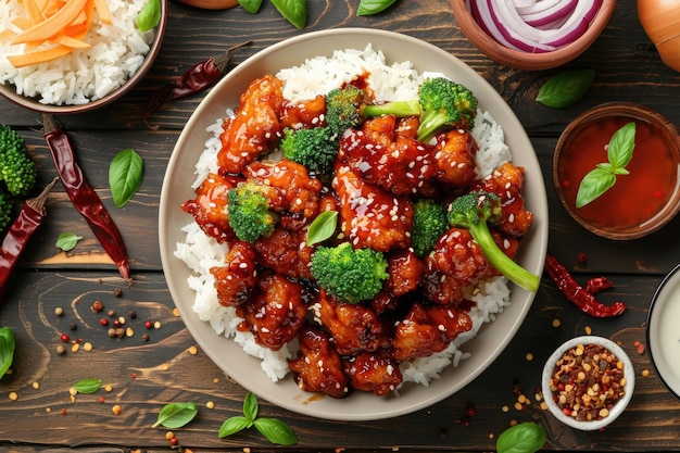 Tsos chicken with rice onions and broccoli on the table horizontal view from above