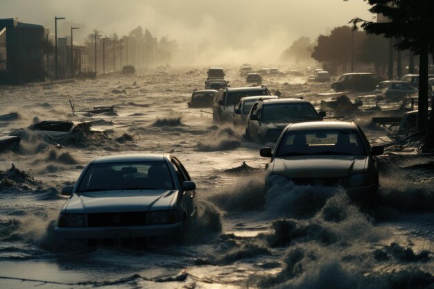 津波の後洪水の後都市道路の車両が水中に沈みました