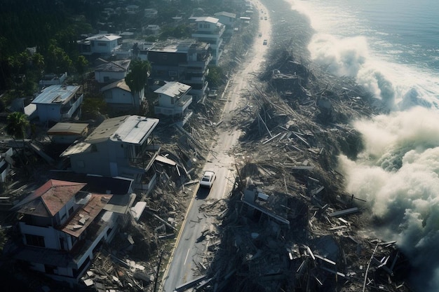 Photo tsunami destruction along coastal region natural disaster photo