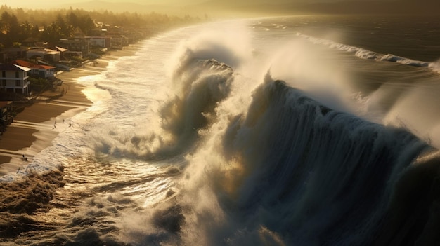 Tsunami golven botsen op de kust en breken de kust