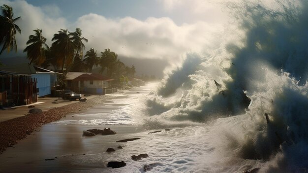 Tsunami golven botsen op de kust en breken de kust