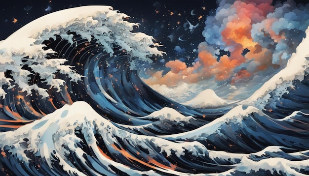津波 超現実的な日本の芸術 暗い空に振動する波を造る