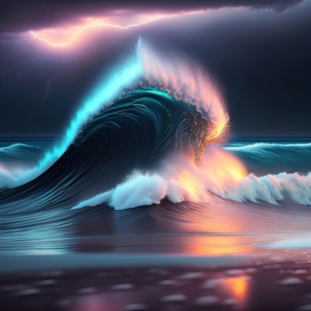 Волна цунами апокалиптическая вода Шторм Большая приливная волна приближается к пляжу