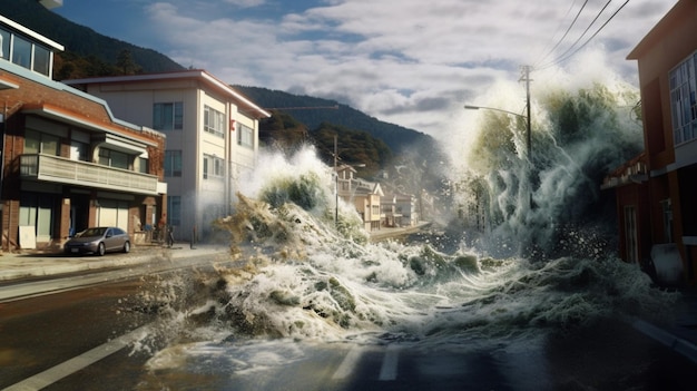 写真 津波が海岸沿いの町に押し寄せ、浸水する