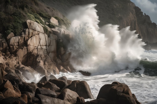 Tsunami wave crashes into rocky cliff with spray flying