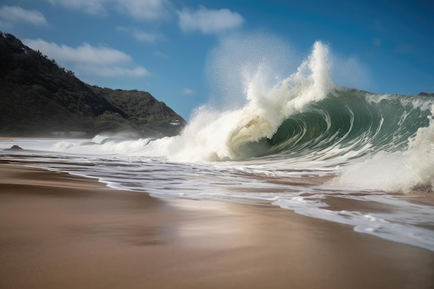 Волна цунами обрушивается на пустынный пляж, и никого не видно